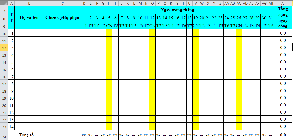 Bảng chấm công mới nhất