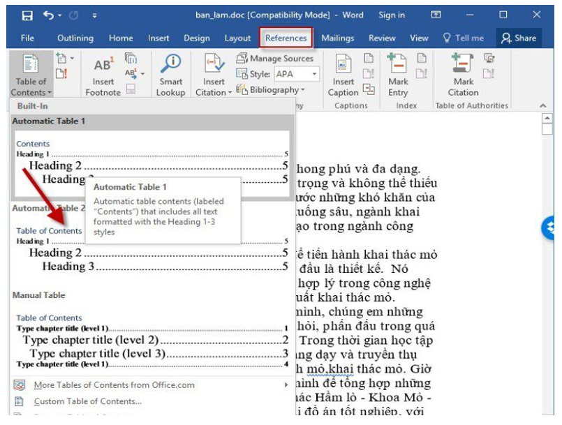 Cách tạo mục lục tự động trong word 2016 dễ hiểu nhất