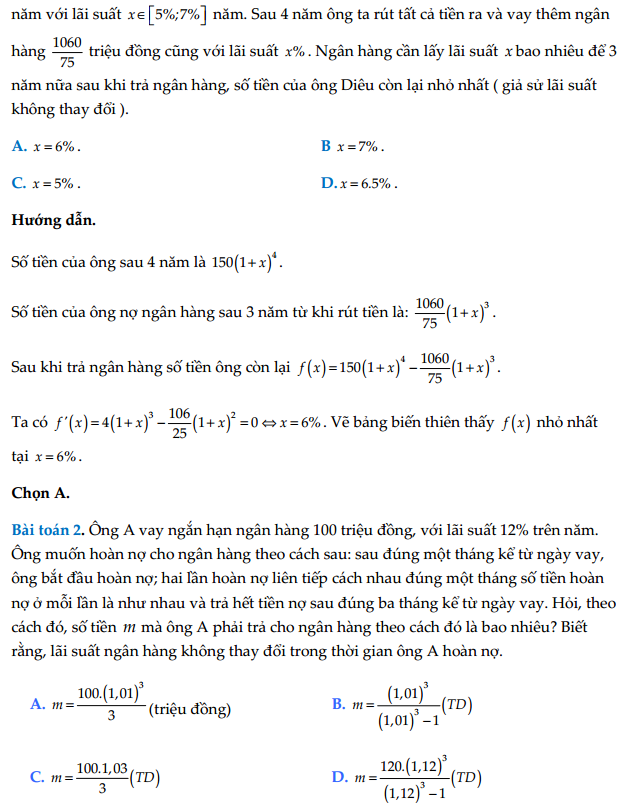 Công thức tính lãi kép thường gặp trong đề thi THPTQG