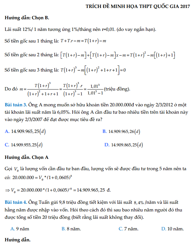 Công thức tính lãi kép thường gặp trong đề thi THPTQG