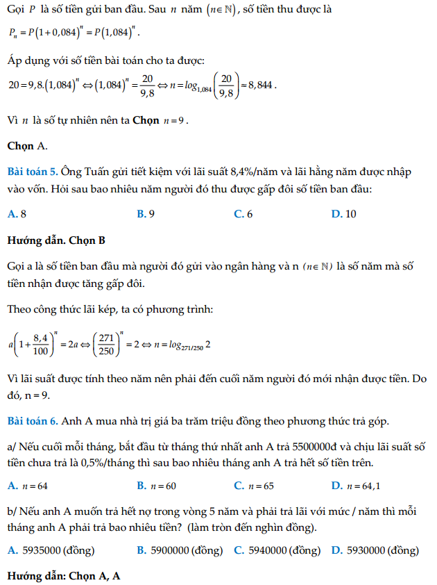 Công thức tính lãi kép thường gặp trong đề thi THPTQG