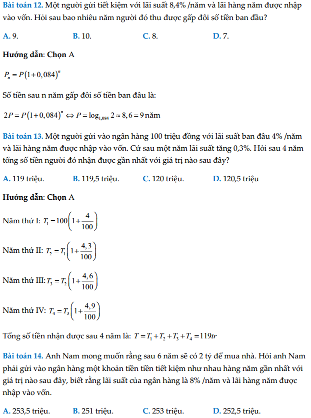 Công thức tính lãi kép thường gặp trong đề thi THPTQG