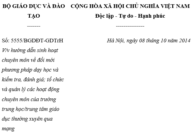 Công văn 5555/BGDĐT-GDTrH