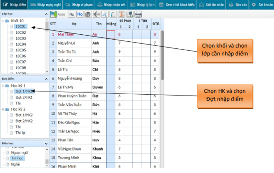 Hướng dẫn nhập điểm trên phần mềm VietSchool