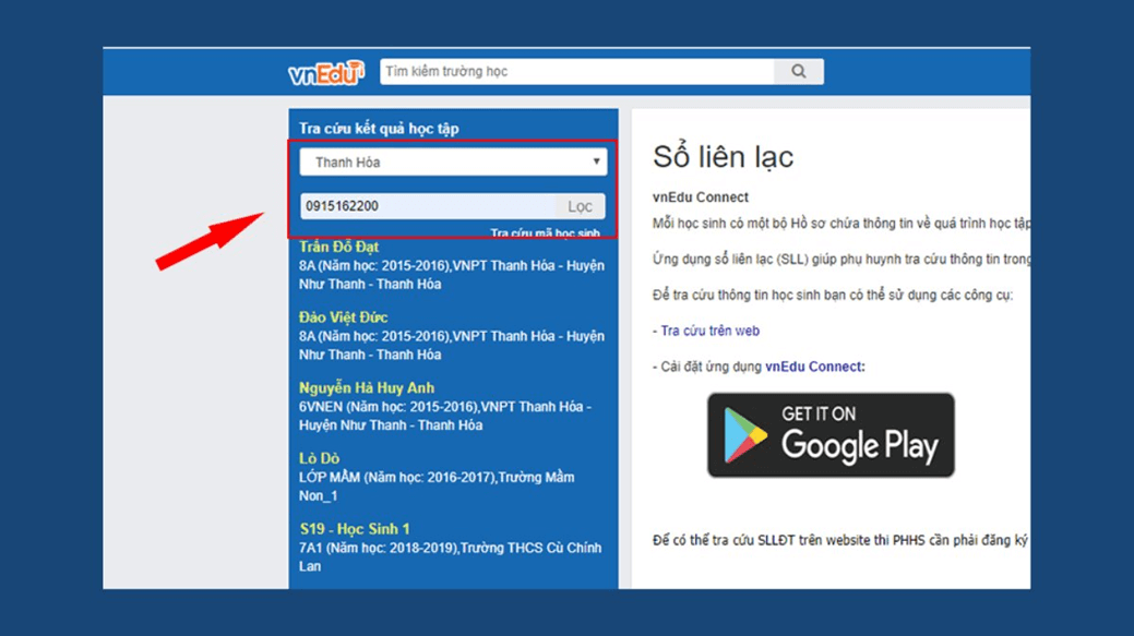 Hướng dẫn tra cứu điểm, kết quả học tập vnEdu.vn trên điện thoại, máy tính