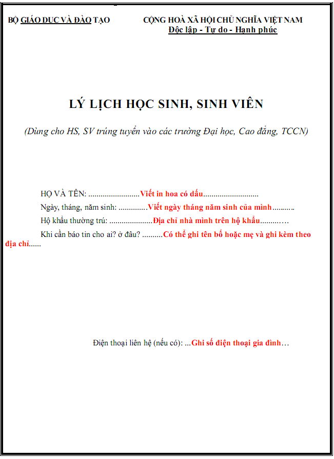 Hướng dẫn viết hồ sơ học sinh sinh viên