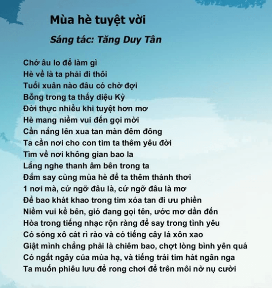Mùa hè tuyệt vời (lời bài hát, lyric chính xác nhất)