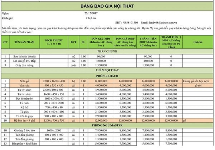 Mẫu bảng báo giá mới nhất