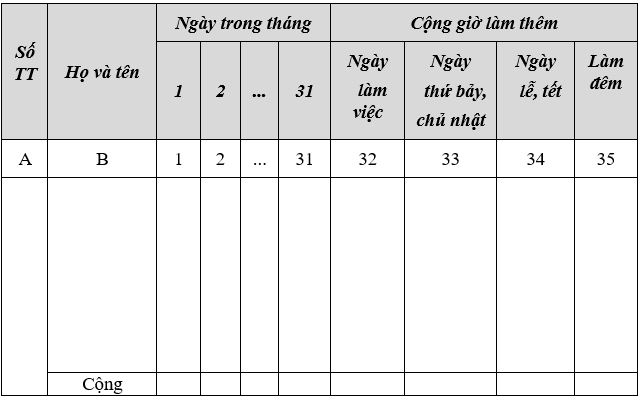 Mẫu bảng chấm công làm thêm theo giờ