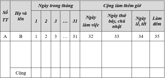 Mẫu bảng chấm công làm thêm theo giờ