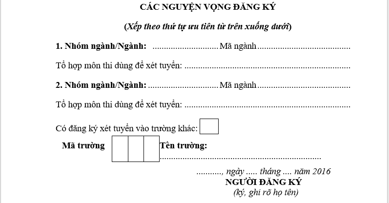 Mẫu đăng ký xét tuyển