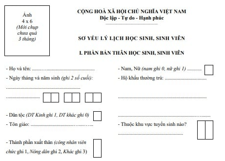Mẫu phiếu sơ yếu lý lịch dành cho học sinh, sinh viên