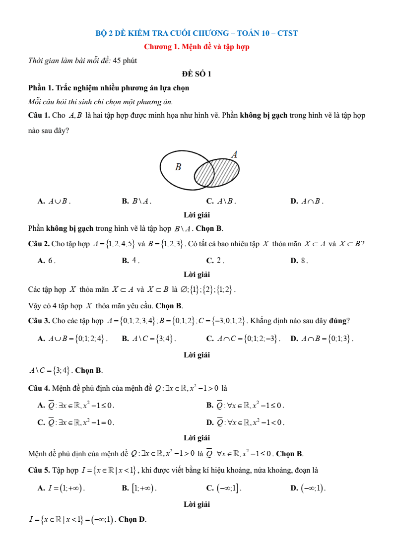 Đề kiểm tra Toán 10 Chân trời sáng tạo theo Chương (có lời giải)