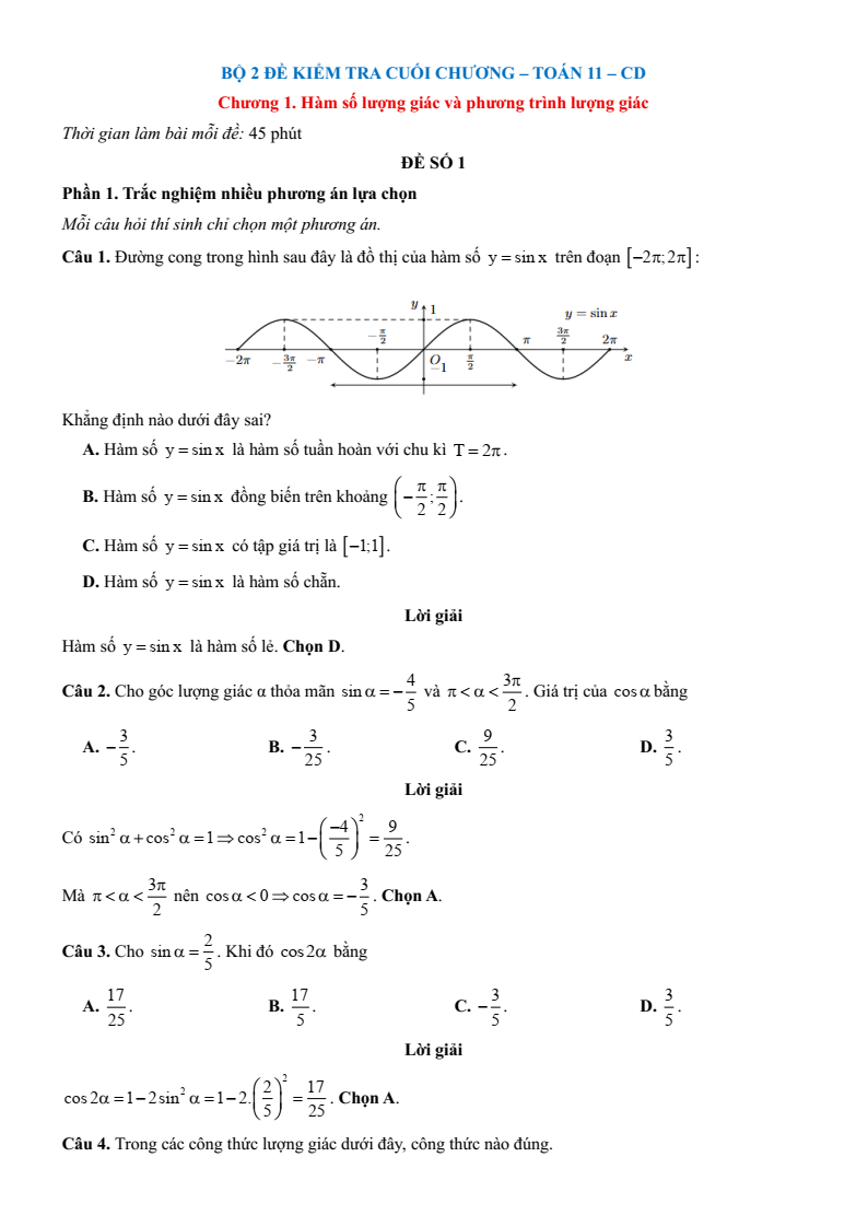 Đề kiểm tra Toán 11 Cánh diều theo Chương (có lời giải)