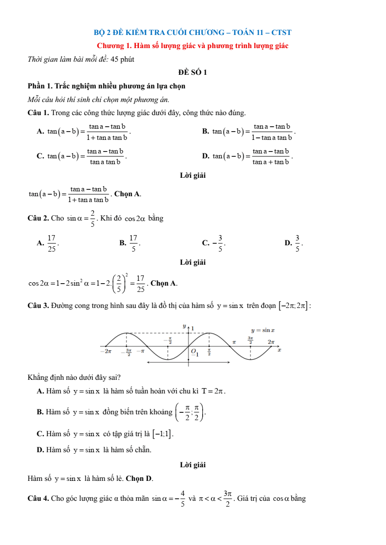 Đề kiểm tra Toán 11 Chân trời sáng tạo theo Chương (có lời giải)