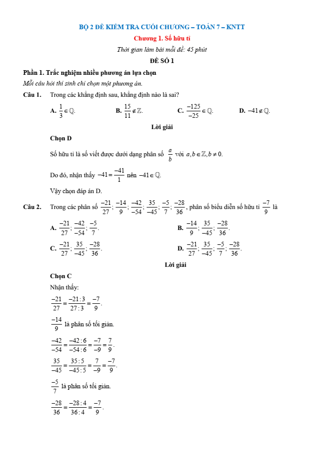 Đề kiểm tra Toán 7 Kết nối tri thức theo Chương (có lời giải)
