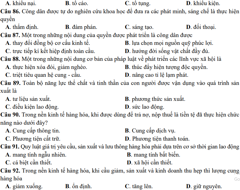 Đề minh họa năm 2019 môn Giáo dục công dân | Đề minh họa năm 2019