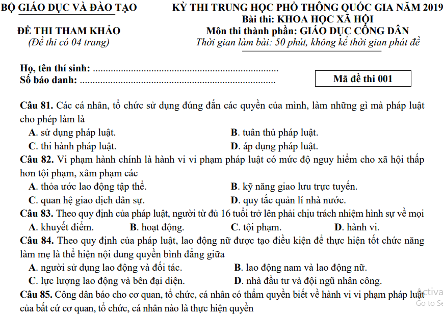 Đề minh họa năm 2019 môn Giáo dục công dân | Đề minh họa năm 2019