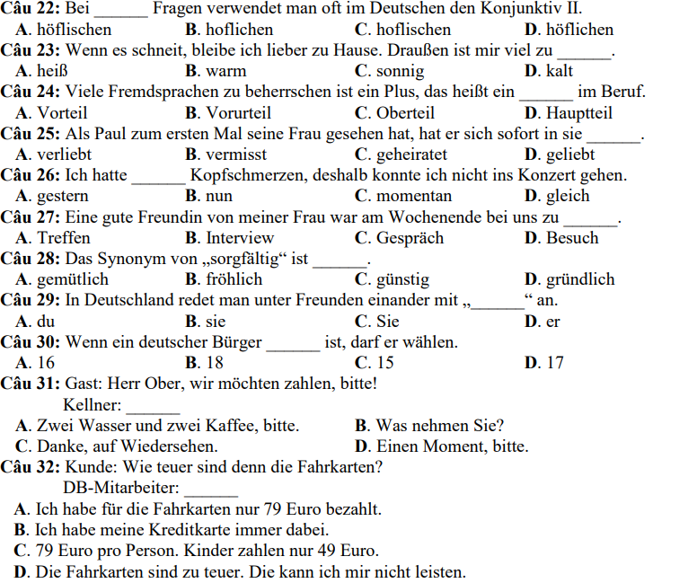 Đề minh họa năm 2019 môn Tiếng Đức | Đề minh họa năm 2019