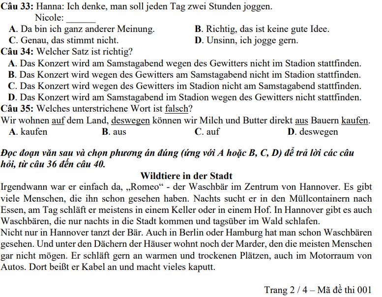Đề minh họa năm 2019 môn Tiếng Đức | Đề minh họa năm 2019