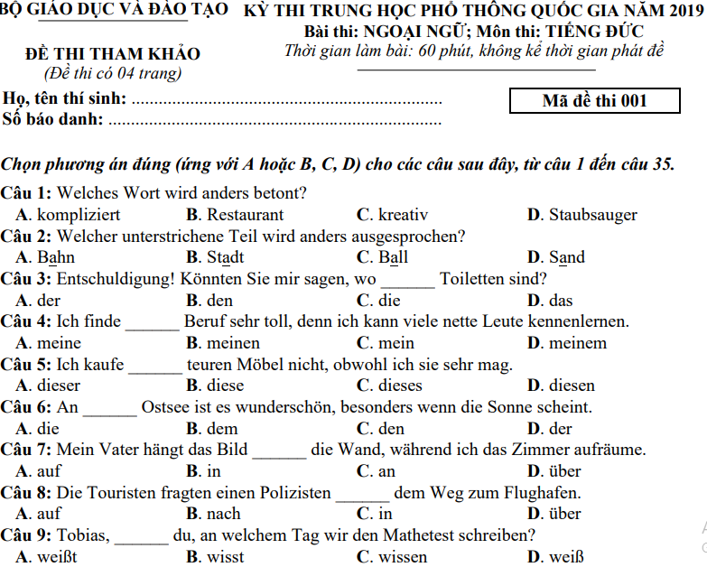 Đề minh họa năm 2019 môn Tiếng Đức | Đề minh họa năm 2019