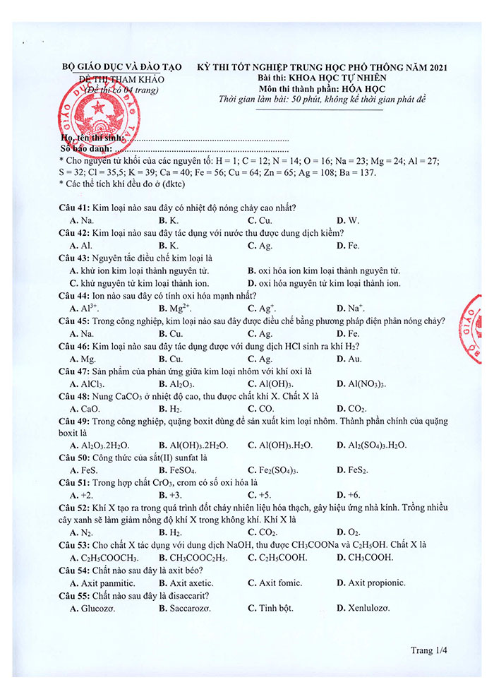 Đề minh họa năm 2021 môn Hóa học có đáp án