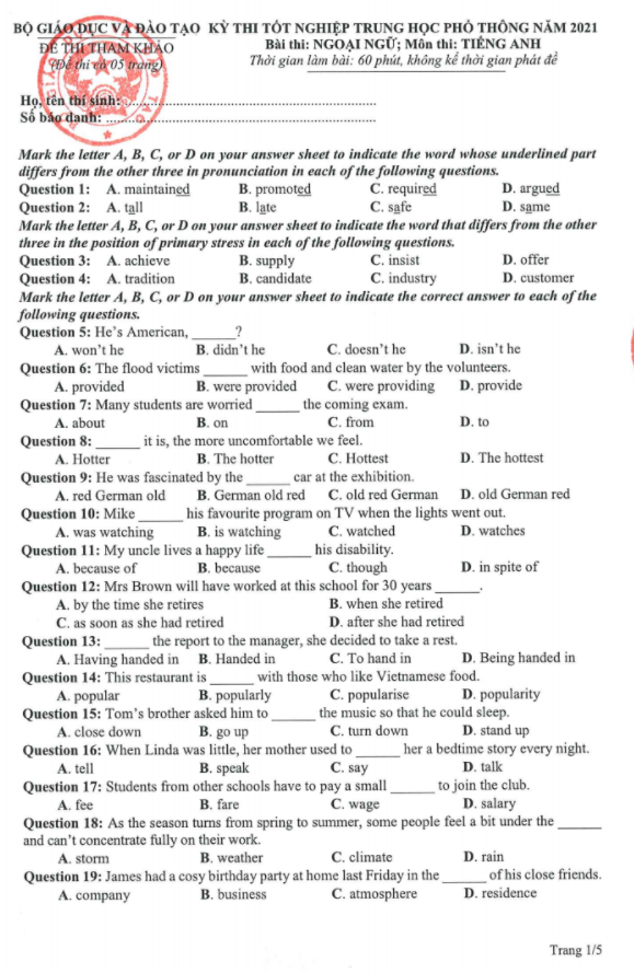 Đề minh họa năm 2021 môn Tiếng Anh có đáp án
