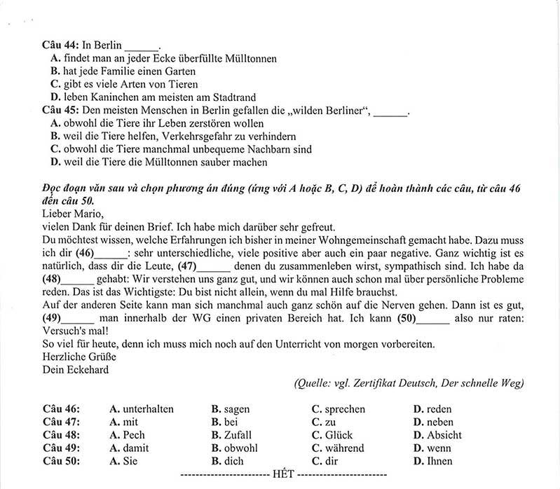 Đề minh họa năm 2021 môn tiếng Đức