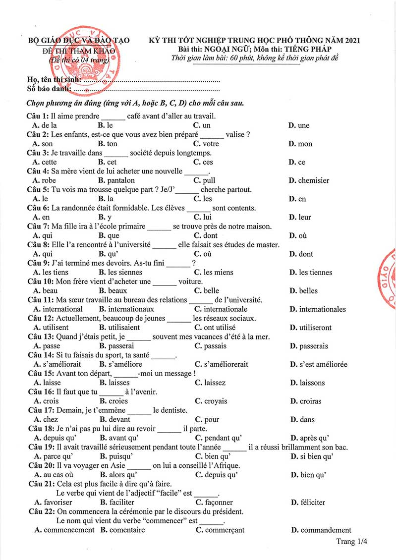 Đề minh họa năm 2021 môn tiếng Pháp