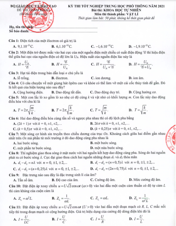 Đề minh họa năm 2021 môn Vật Lí có đáp án