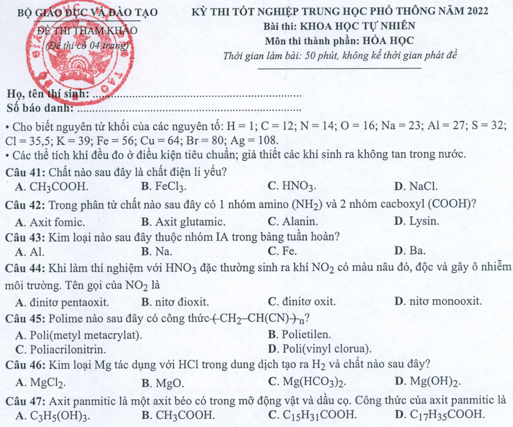 Đề minh họa năm 2022 Hóa học tốt nghiệp THPT (có đáp án)