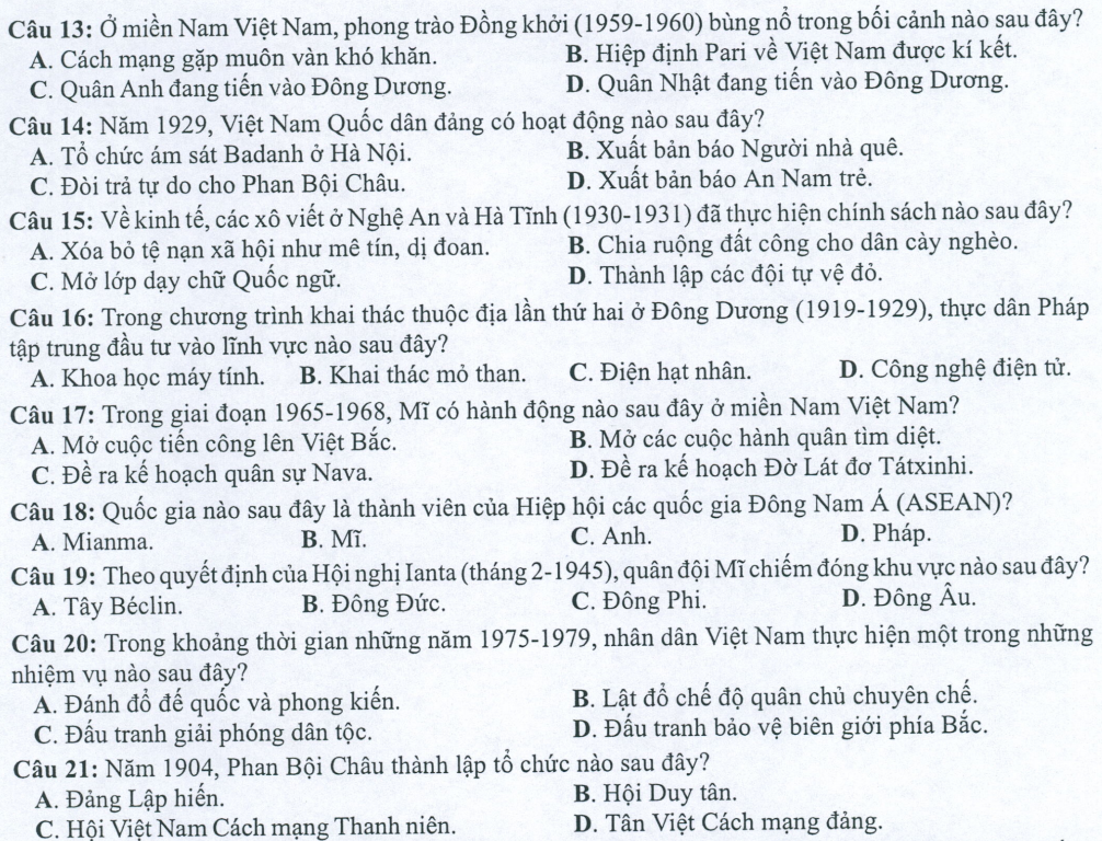 Đề minh họa năm 2022 Lịch Sử tốt nghiệp THPT (có đáp án)