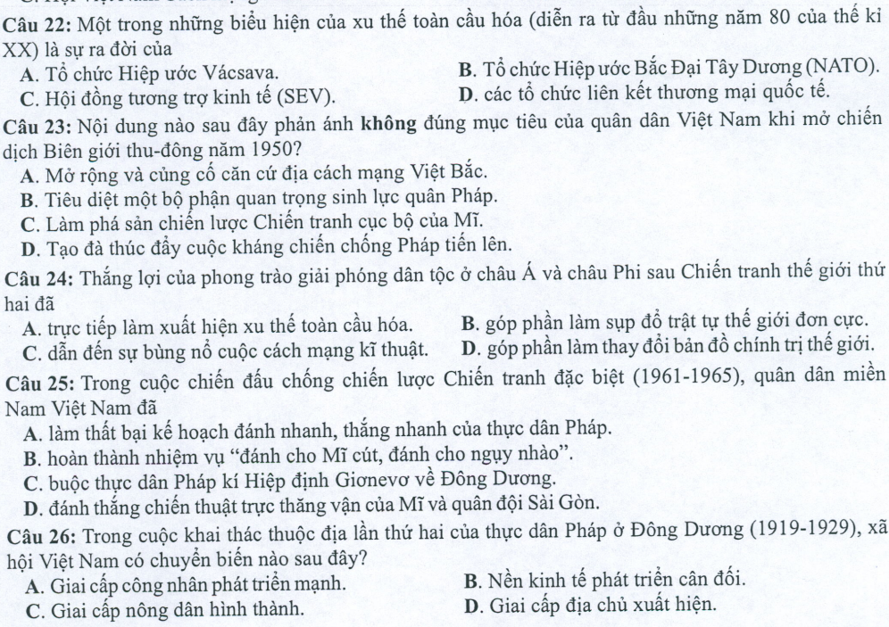 Đề minh họa năm 2022 Lịch Sử tốt nghiệp THPT (có đáp án)