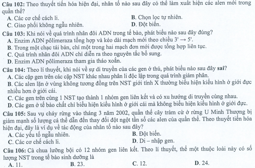 Đề minh họa năm 2022 Sinh học tốt nghiệp THPT (có đáp án)