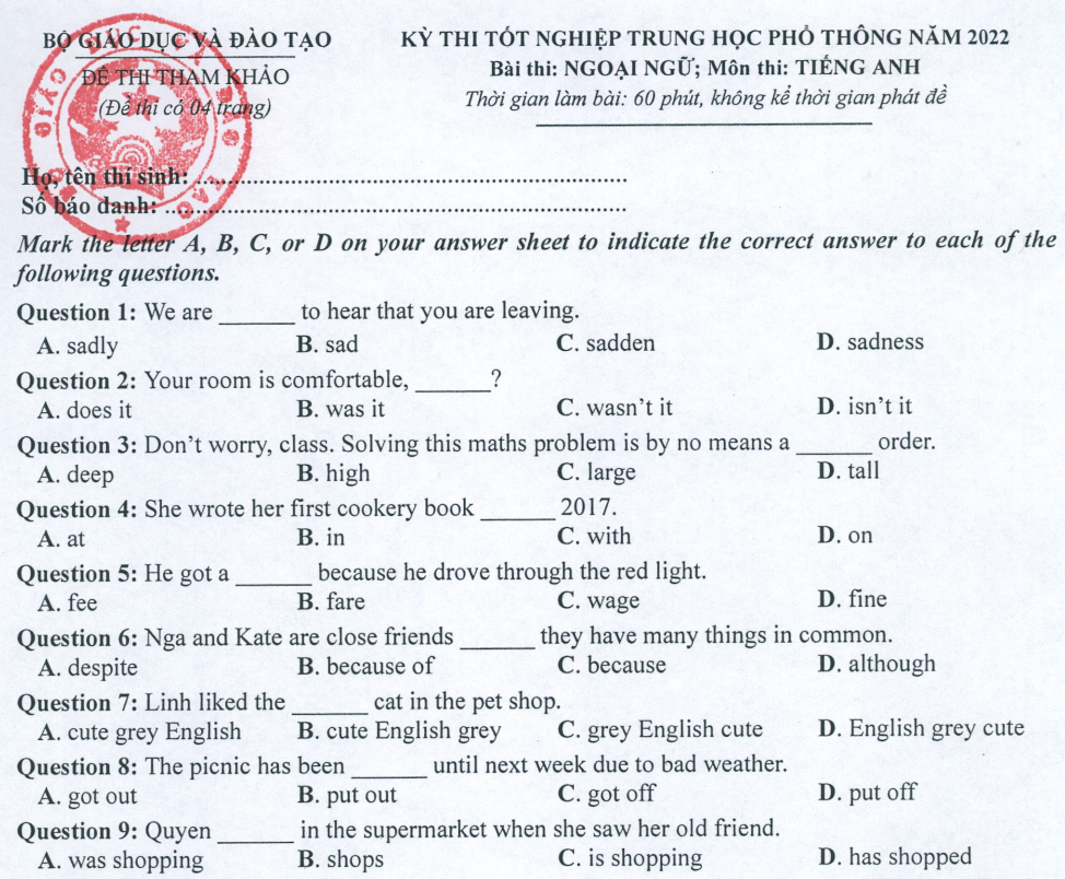 Đề minh họa năm 2022 Tiếng Anh tốt nghiệp THPT (có đáp án)