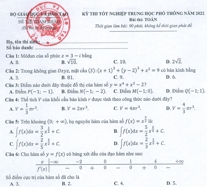 Đề minh họa năm 2022 môn Toán có đáp án