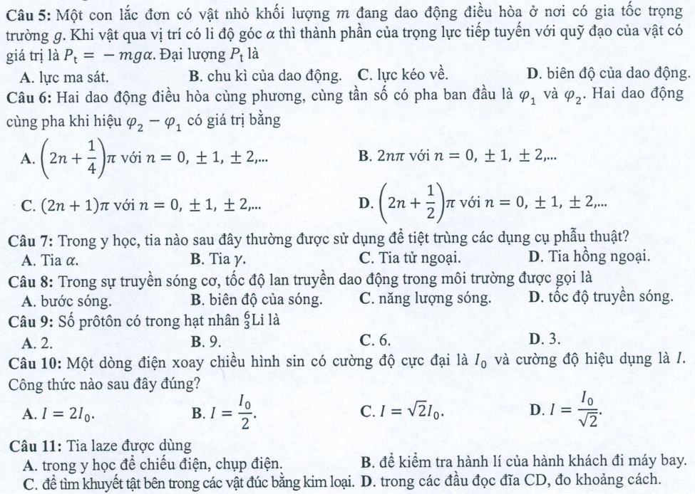 Đề minh họa năm 2022 Vật Lí tốt nghiệp THPT (có đáp án)