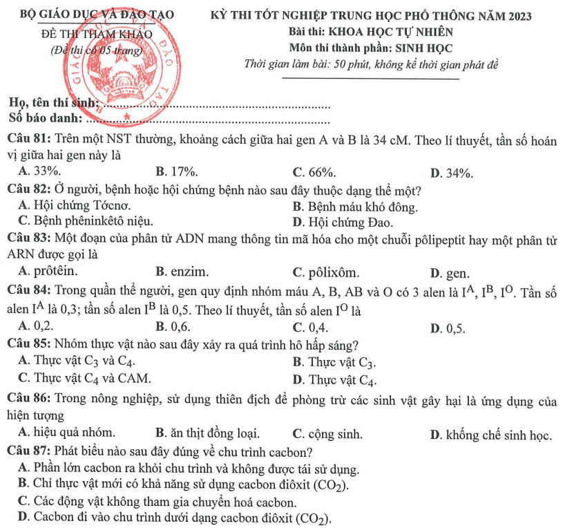 Đề minh họa năm 2023 Sinh (có đáp án) | Đề tham khảo 2023 Sinh học