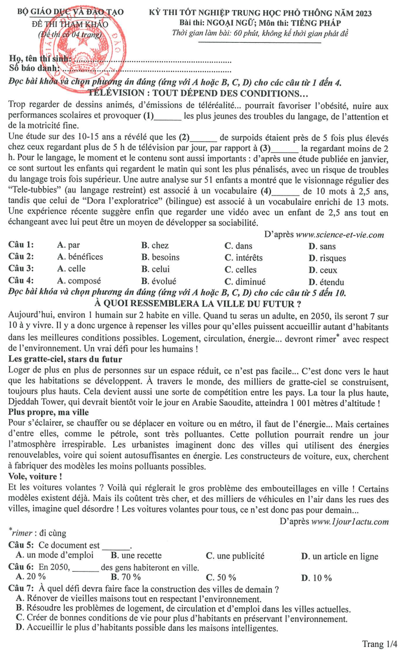 Đề minh họa năm 2023 tiếng Pháp (có đáp án) | Đề tham khảo 2023 tiếng Pháp
