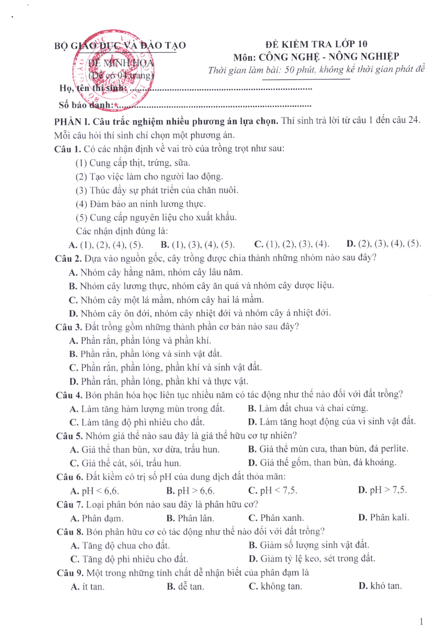 Đề minh họa Tốt nghiệp THPT Công nghệ - Nông nghiệp năm 2025
