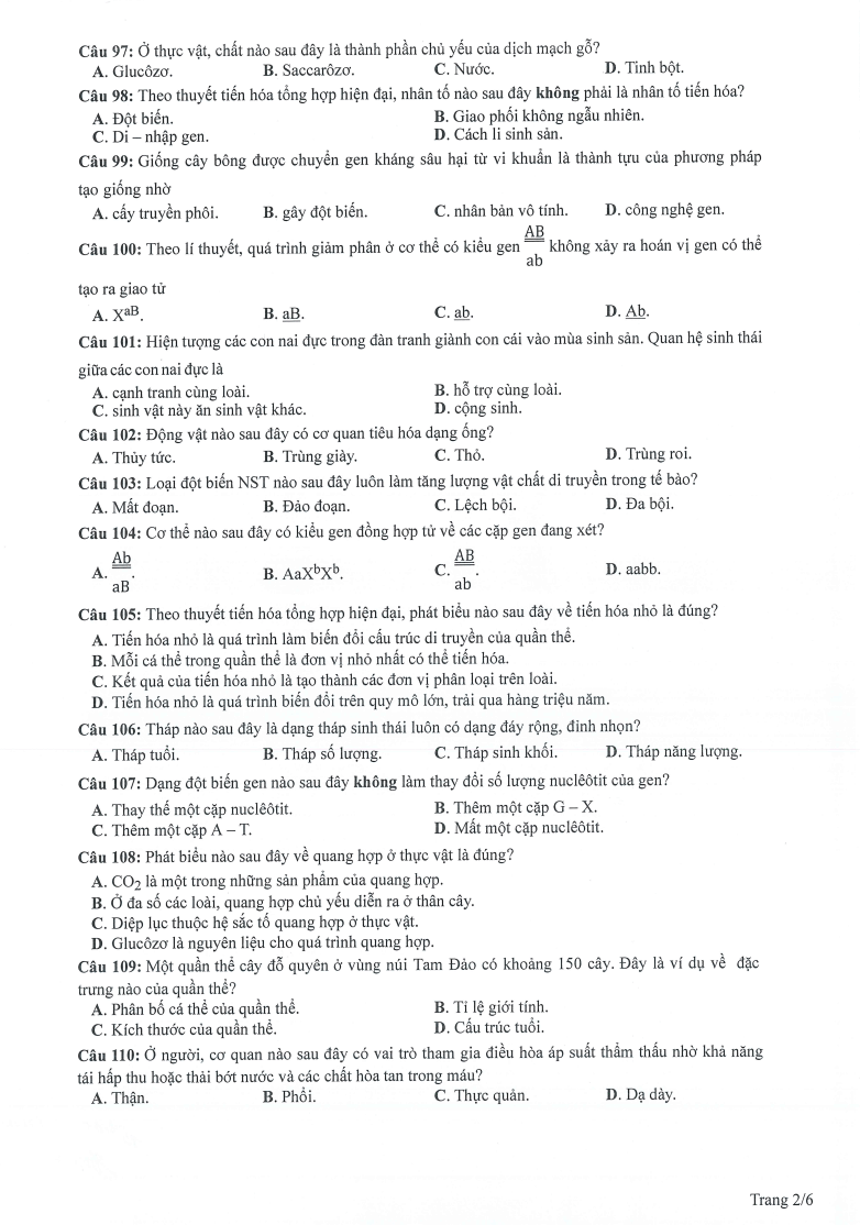 Đề tham khảo 2024 Sinh học