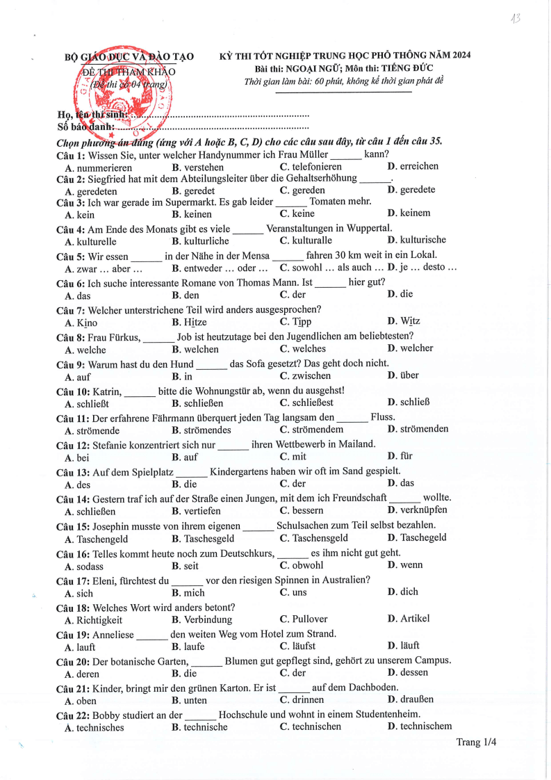 Đề tham khảo 2024 Tiếng Đức