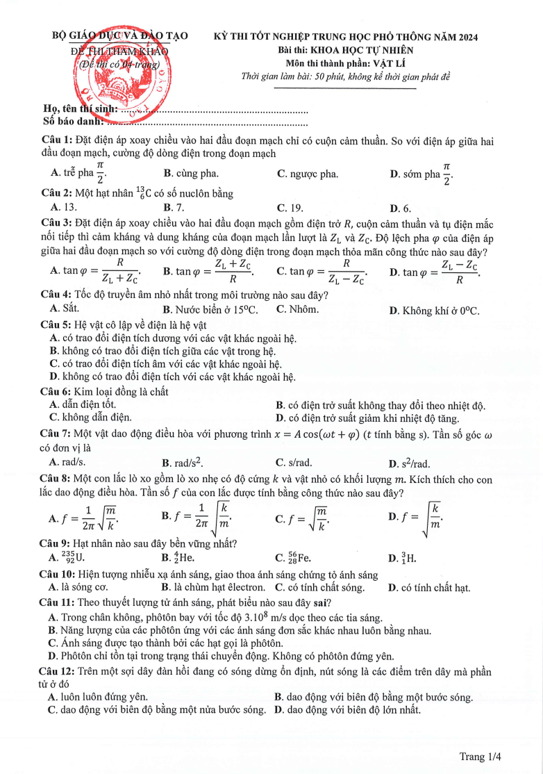 Đề tham khảo 2024 Vật lí