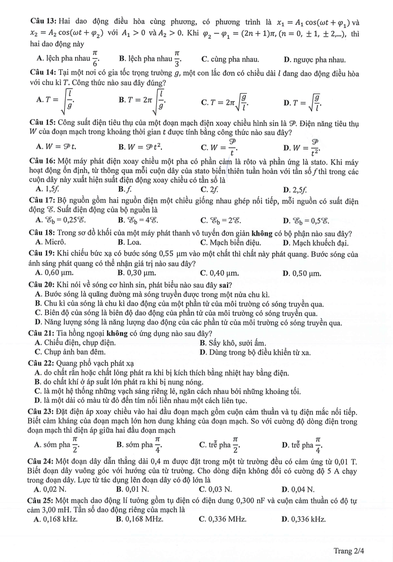 Đề tham khảo 2024 Vật lí