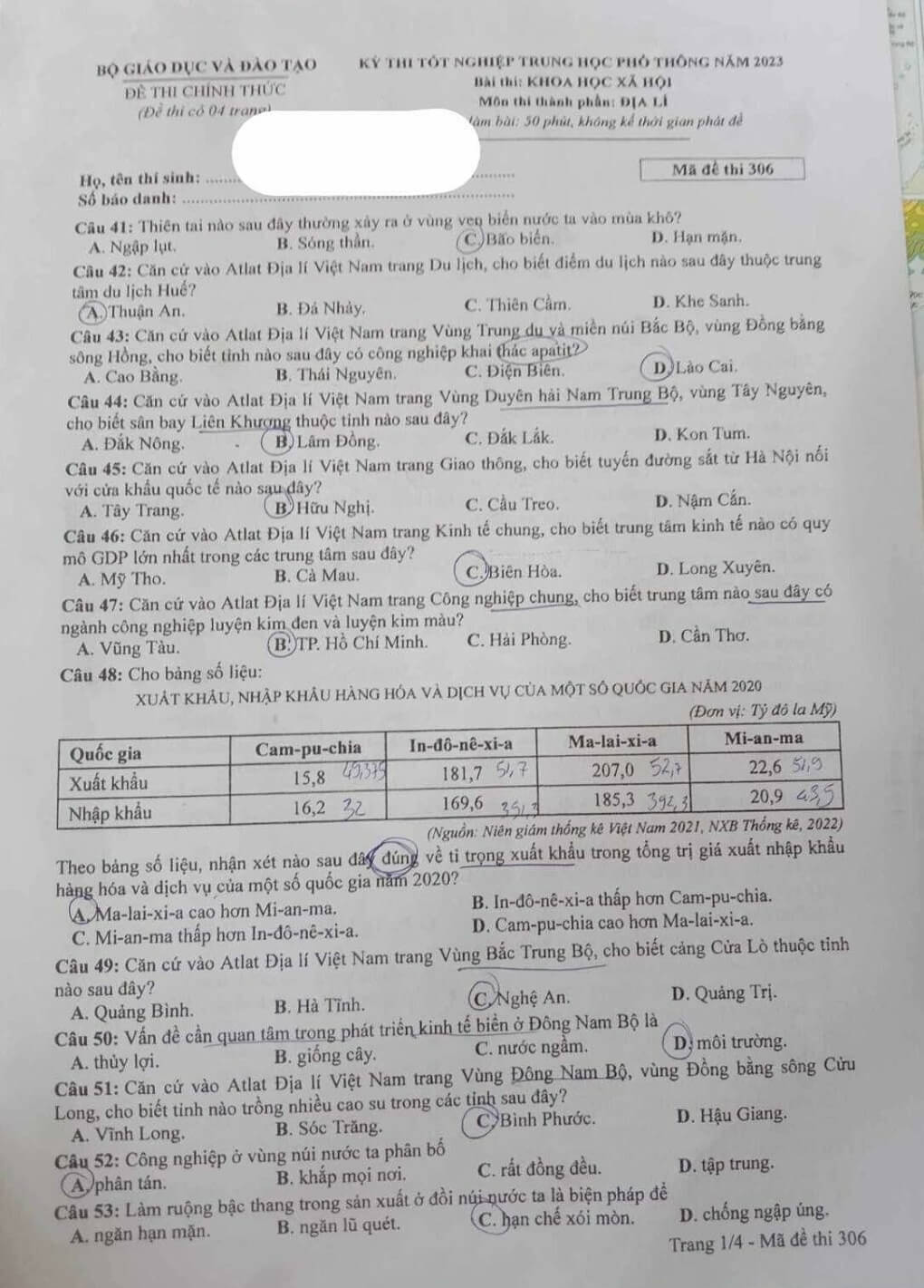 (Chính thức) Đề thi tốt nghiệp THPT Địa năm 2023 (có đáp án)