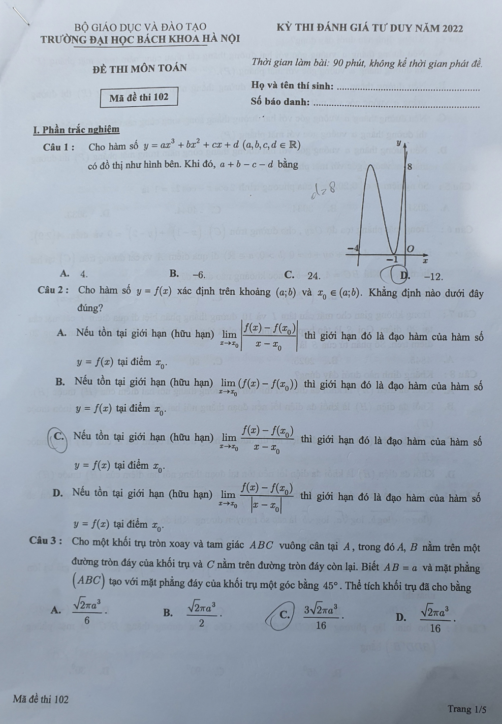 Đề thi đánh giá tư duy ĐH Bách khoa Hà Nội môn Toán năm 2022