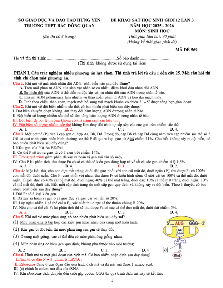 Đề thi học sinh giỏi Sinh học 12 trường THPT Bắc Đông Quan (Hưng Yên) năm 2025-2026