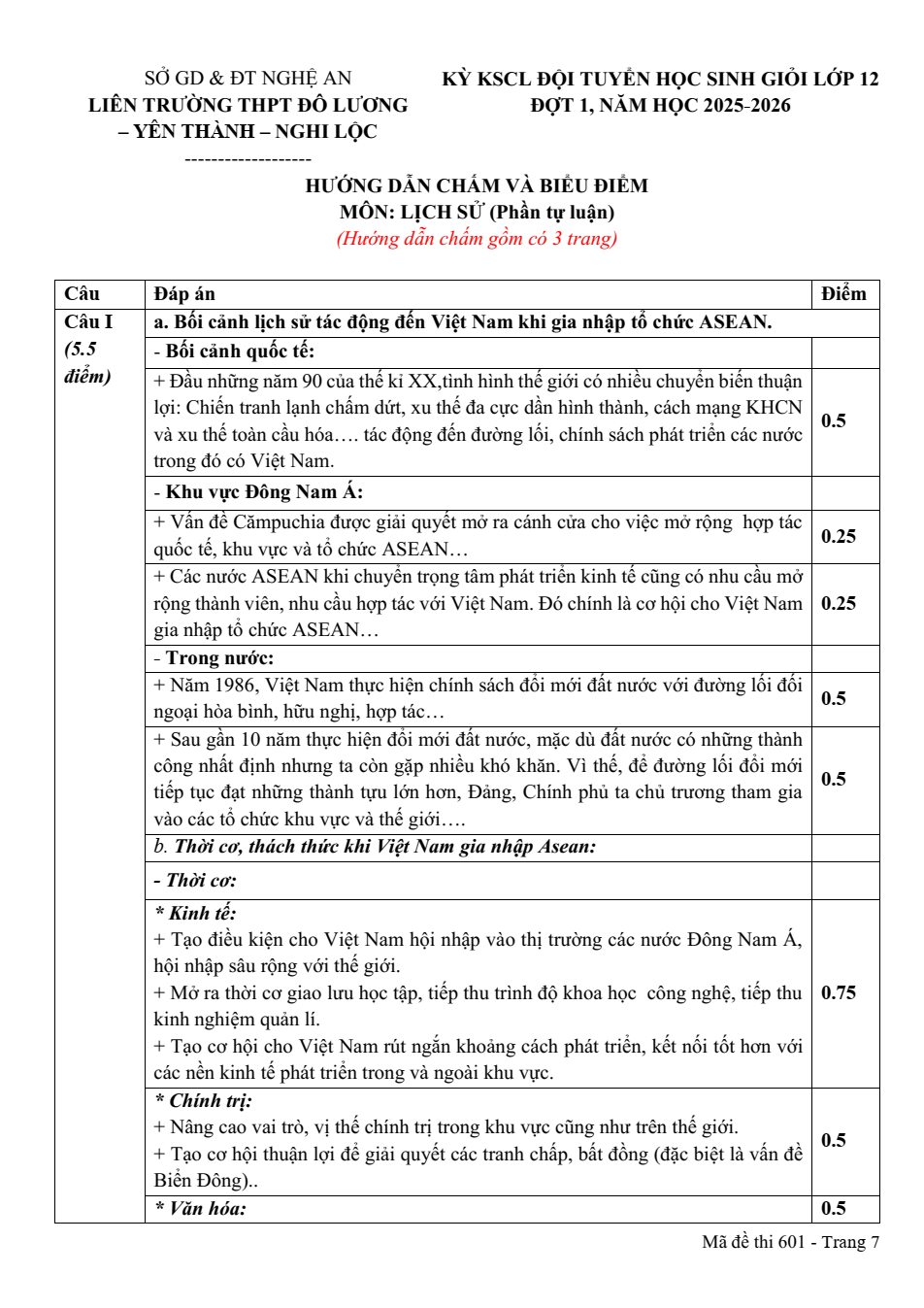 Đề thi học sinh giỏi Lịch Sử 12 Liên trường THPT Đô Lương - Yên Thành – Nghi Lộc – Tân Kỳ năm 2025-2026