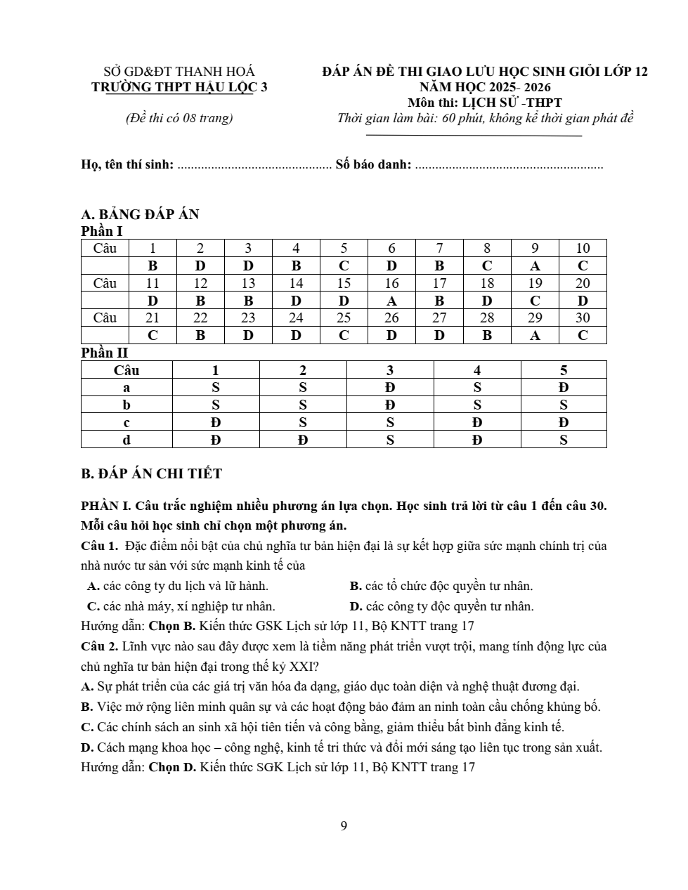 Đề thi học sinh giỏi Lịch Sử 12 trường THPT Hậu Lộc 3 năm 2025-2026