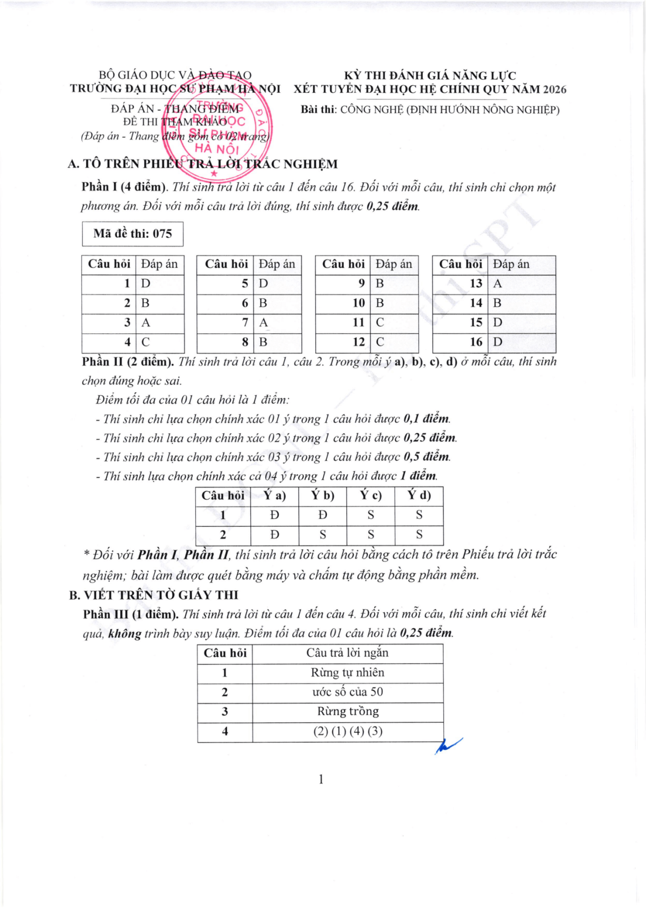 Đề thi tham khảo Công nghệ (định hướng Nông nghiệp) ĐGNL ĐHSPHN năm 2026